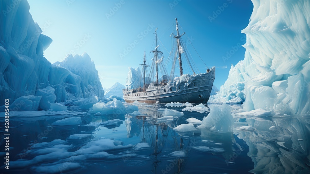 Icebreaker ship on the ice in the sea, Iceberg icebreaker.