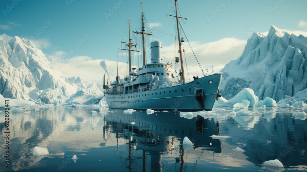 Icebreaker ship on the ice in the sea, Iceberg icebreaker.