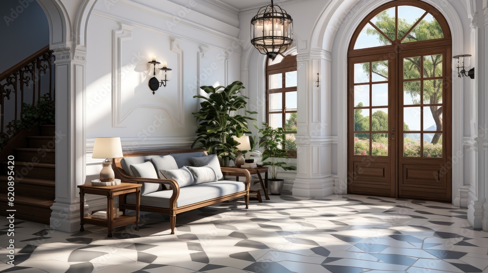 Mediterranean interior design, Interior design of mediterranean style entrance hall with door.