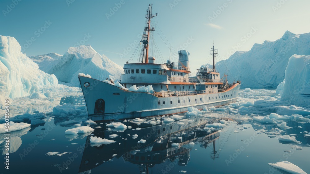 Icebreaker ship on the ice in the sea, Iceberg icebreaker.