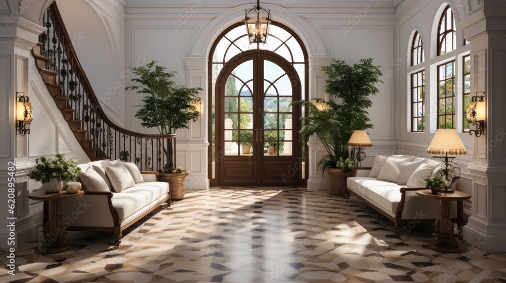 Mediterranean interior design, Interior design of mediterranean style entrance hall with door.