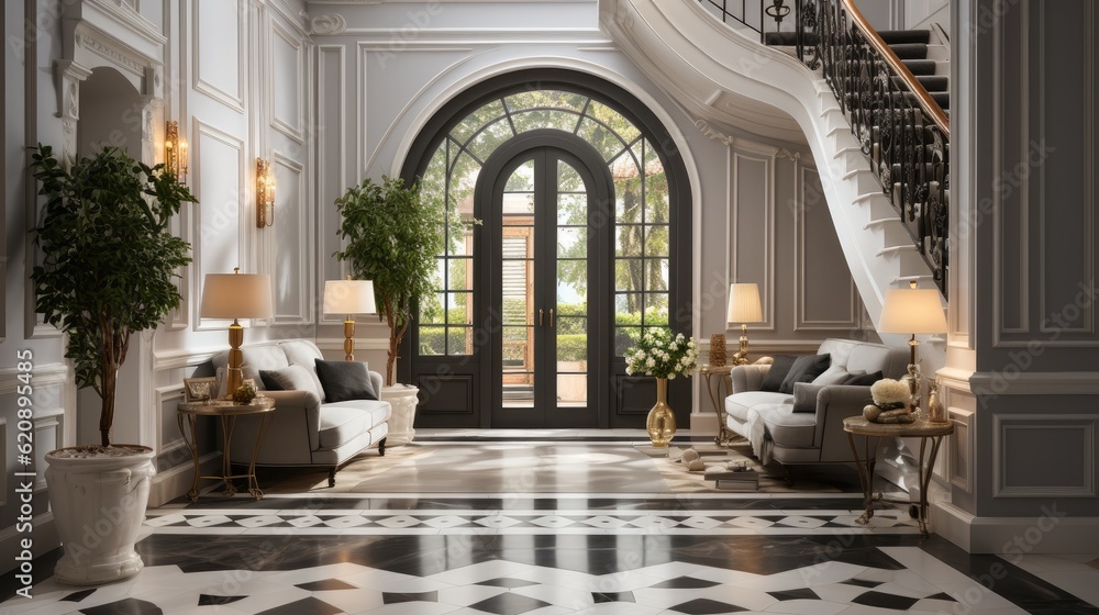 Mediterranean interior design, Interior design of mediterranean style entrance hall with door.