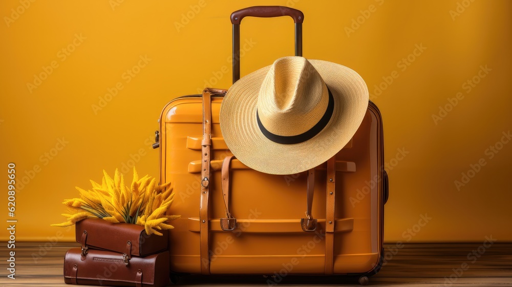 Yellow suitcase and straw hats, Travel and vacation concept, Stylish luggage bag on yellow backgroun