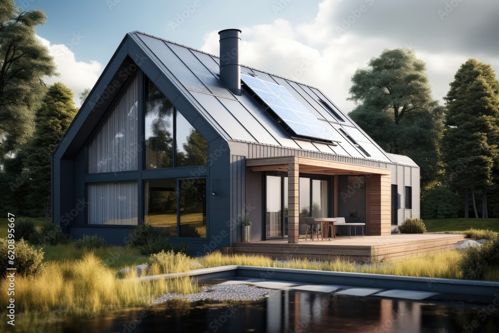 Solar panels with house, Ecological environment concept, Passive house with solar panels.