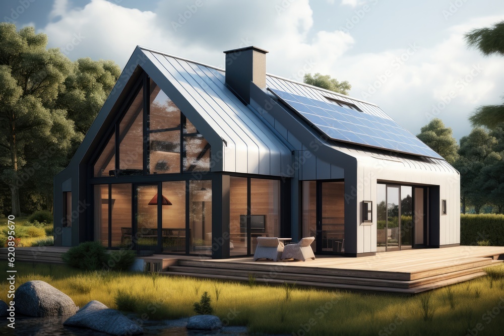 Solar panels with house, Ecological environment concept, Passive house with solar panels.