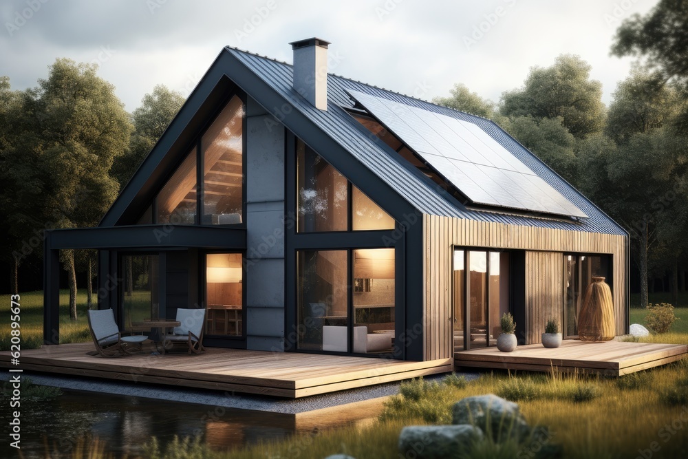 Passive house with solar panels, Sustainable Renewable Energy.