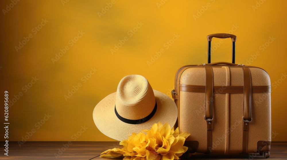 Yellow suitcase and straw hats, Travel and vacation concept, Stylish luggage bag on yellow backgroun