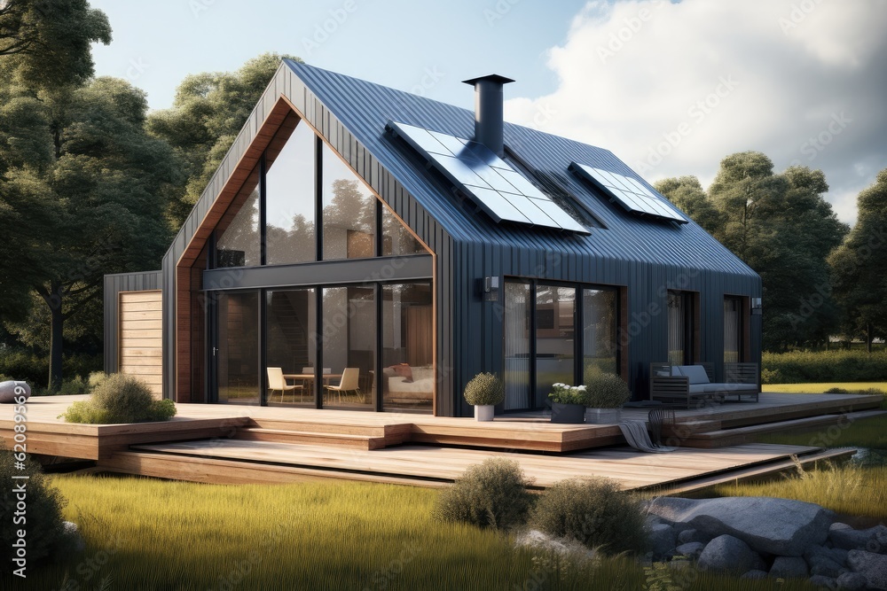 Passive house with solar panels, Sustainable Renewable Energy.