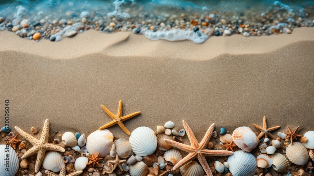 Shells and stars on sand near sea, Beach vacation concept.