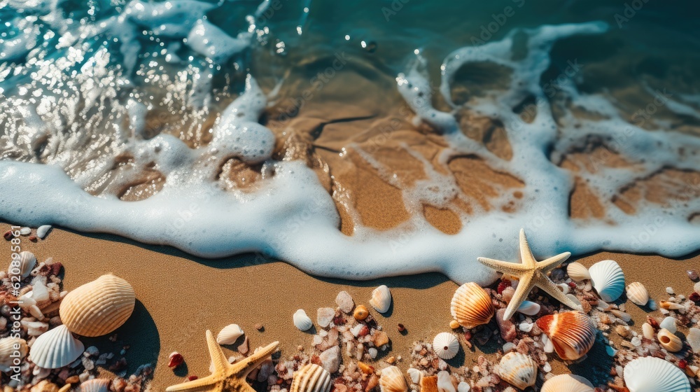 Shells and stars on sand near sea, Beach vacation concept.