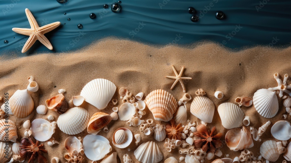 Shells and stars on sand near sea, Beach vacation concept.