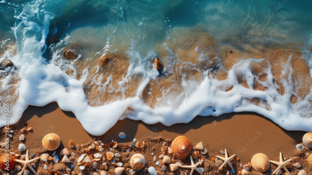 Shells and stars on sand near sea, Beach vacation concept.