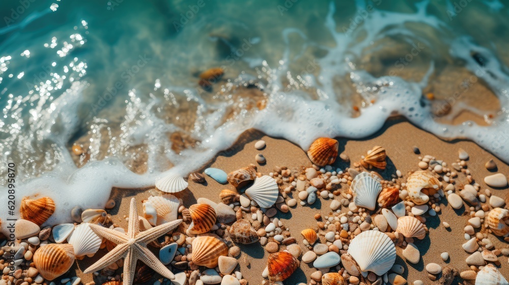 Shells and stars on sand near sea, Beach vacation concept.