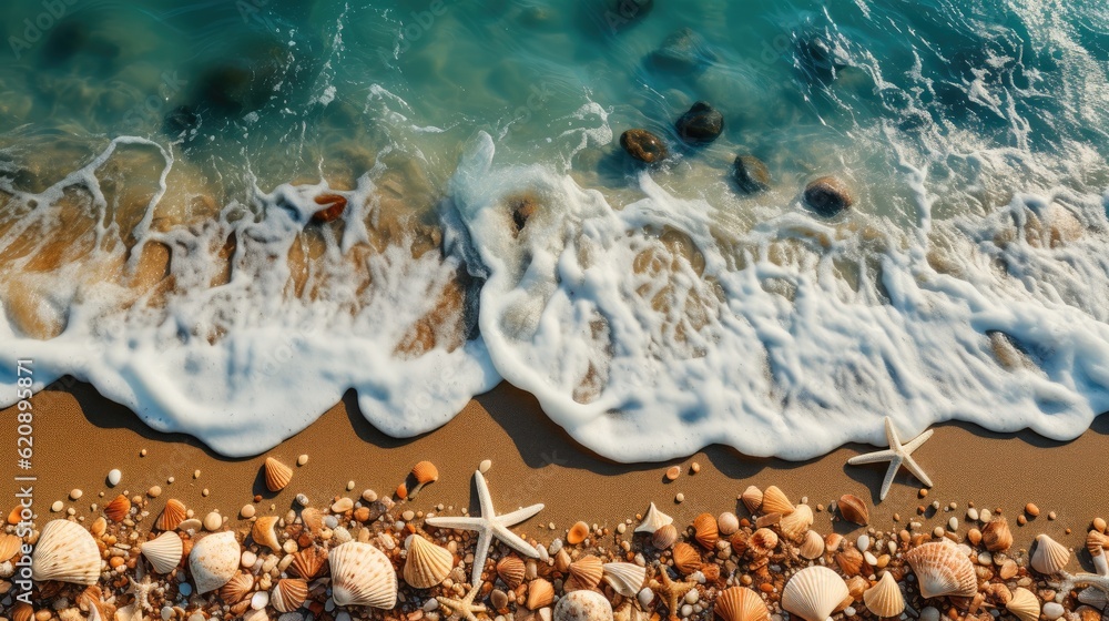 Shells and stars on sand near sea, Beach vacation concept.