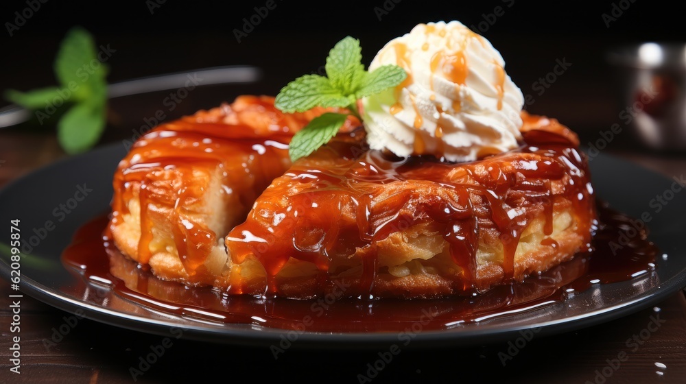 Traditional french apple pie with caramelized apples on table background, Apple tarte tatin with car