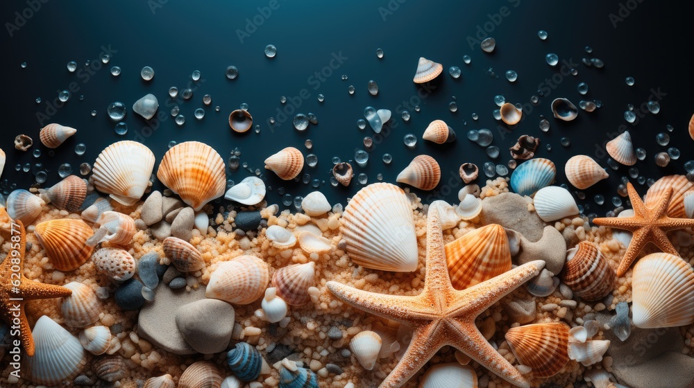 Shells and stars on sand near sea, Beach vacation concept.