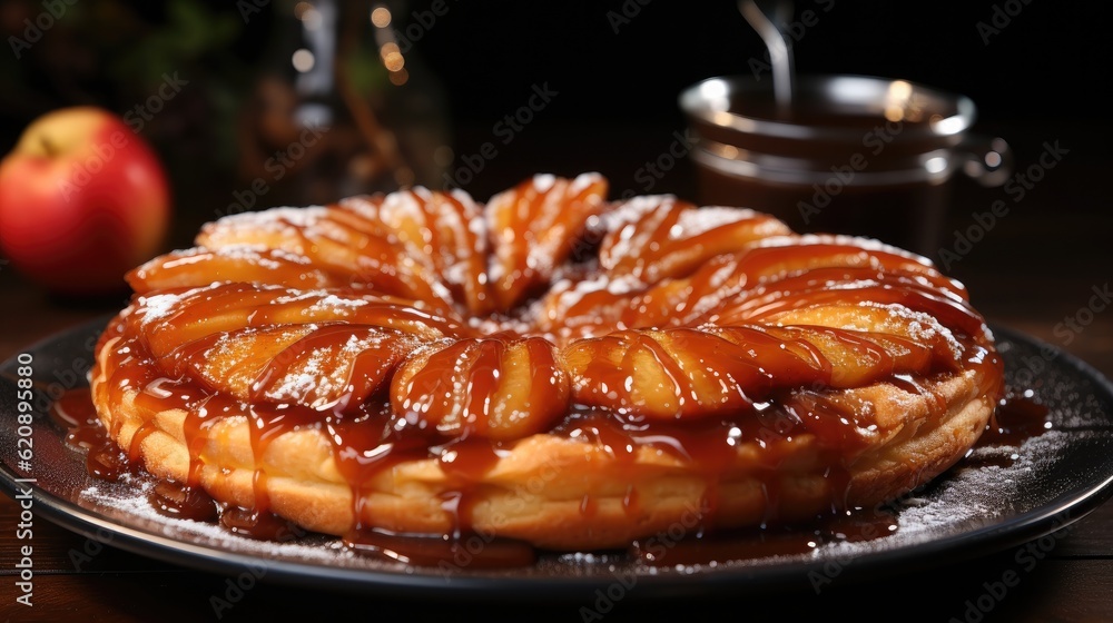 Traditional french apple pie with caramelized apples on table background, Apple tarte tatin with car