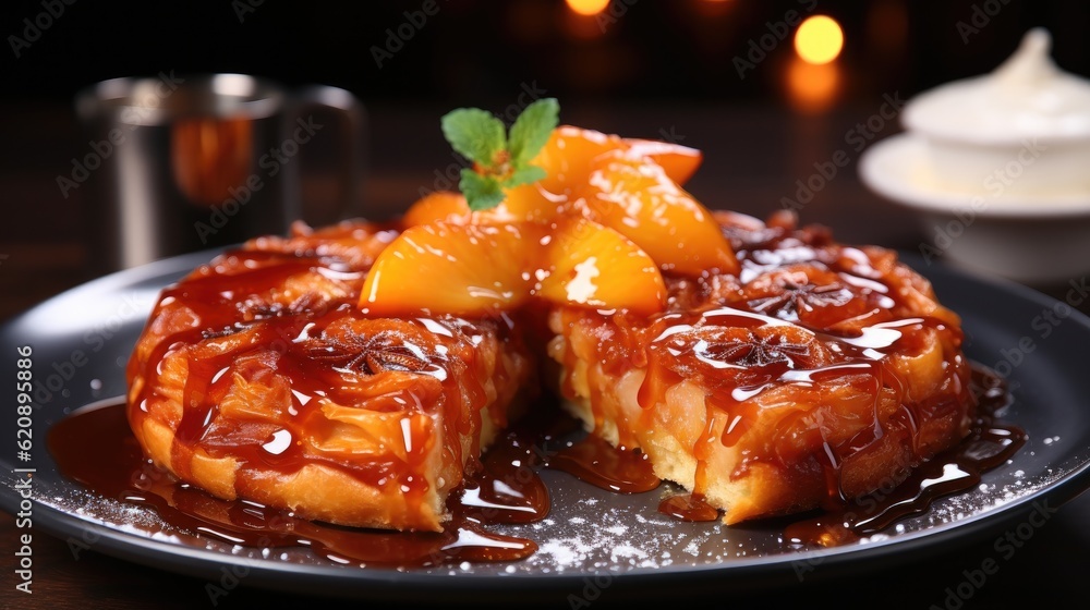 Traditional french apple pie with caramelized apples on table background, Apple tarte tatin with car