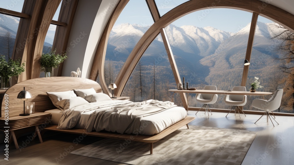 Interior design of modern bedroom and ellipse shaped windows with nature view, Wooden bed, Wooden fu