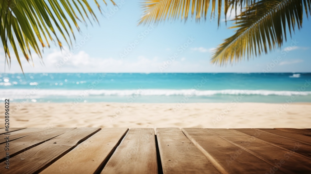 Summer rest background, Empty wood table over blue sea, beach and palm in summer day.