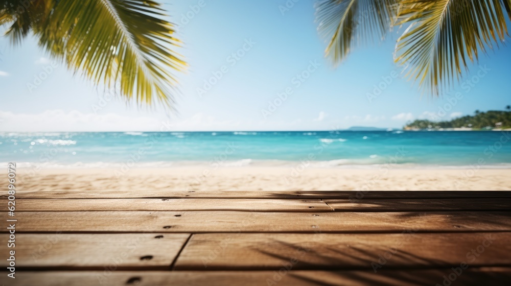 Summer rest background, Empty wood table over blue sea, beach and palm in summer day.