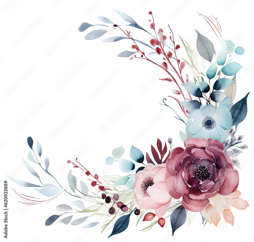 Watercolor floral frame. Illustration AI Generative.