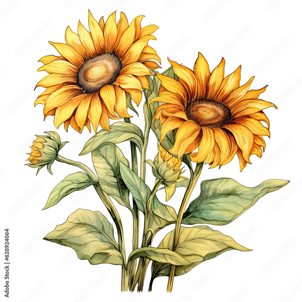 Sunflower watercolor isolated. Illustration AI Generative.