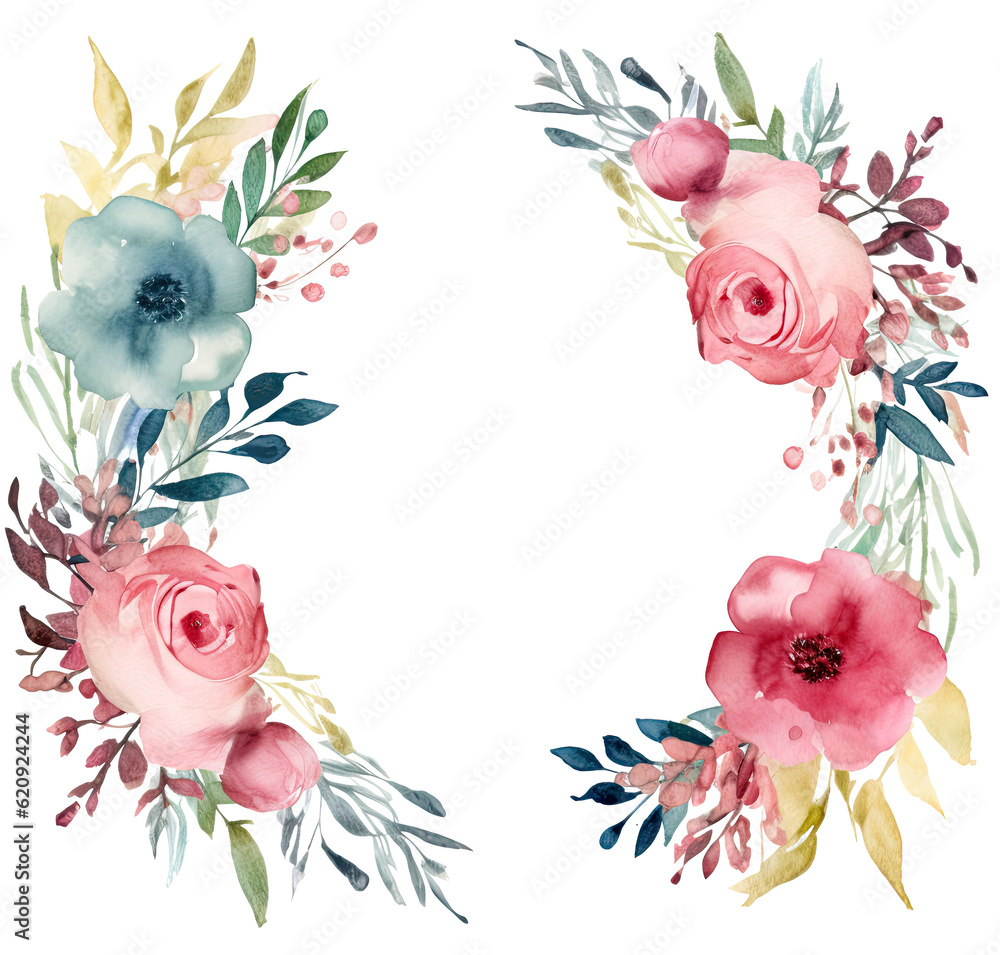 Watercolor floral frame. Illustration AI Generative.