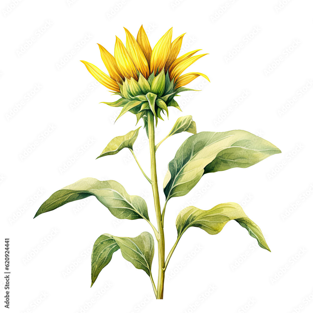 Sunflower watercolor isolated. Illustration AI Generative.