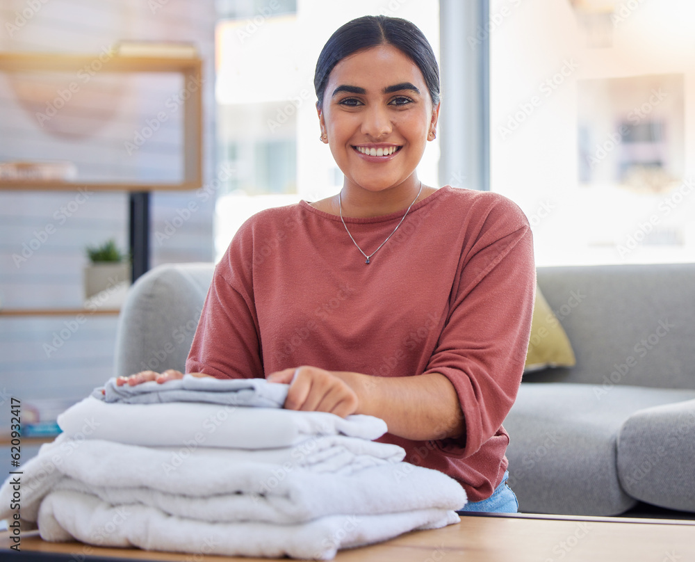 Cleaning, happy and laundry with portrait of woman in living room for housekeeping service, clothes 