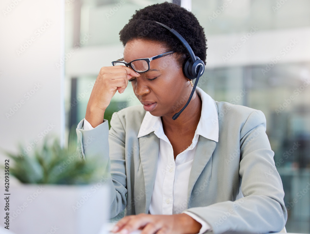 Call center, headache and black woman frustrated by faq, customer service or internet delay in offic