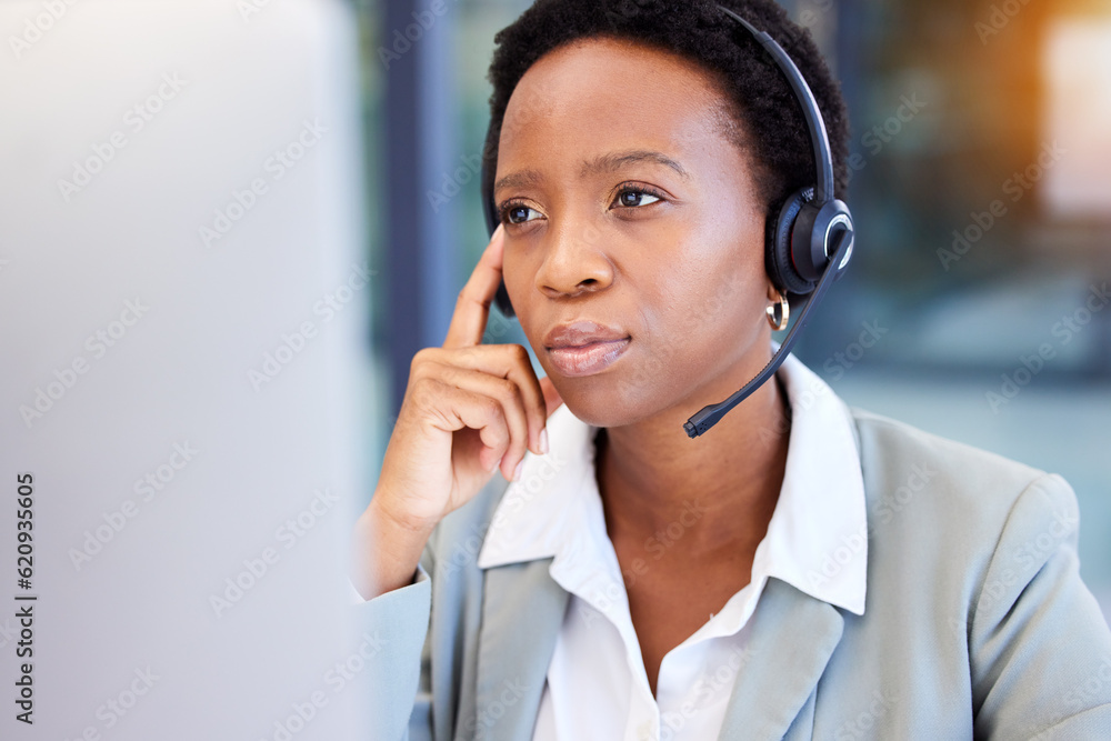 Call center, stress and black woman frustrated by faq, customer service or internet delay in office.