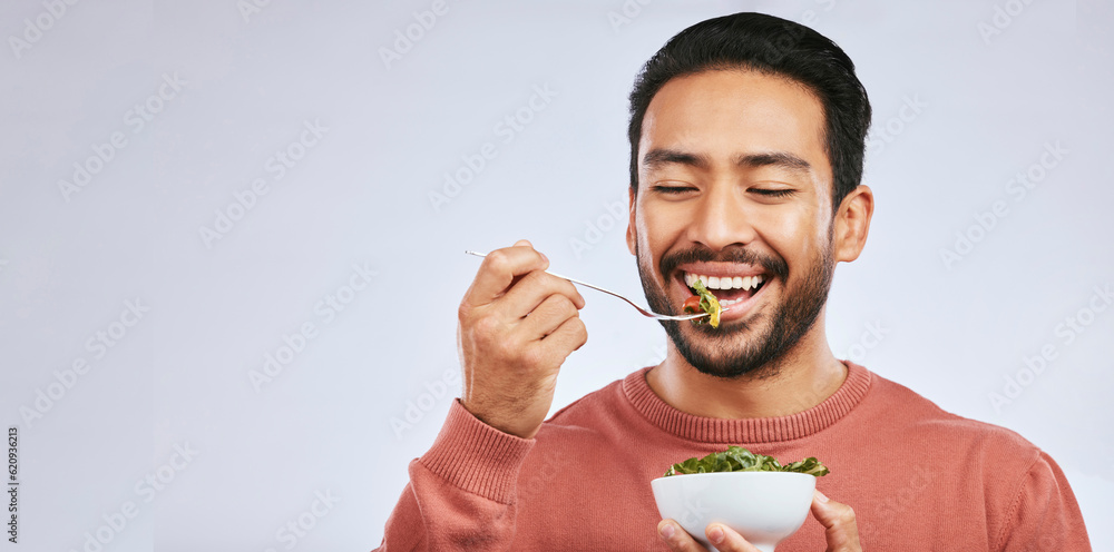 Fruit, healthy food and happy asian man in studio for health, wellness or detox on grey background. 