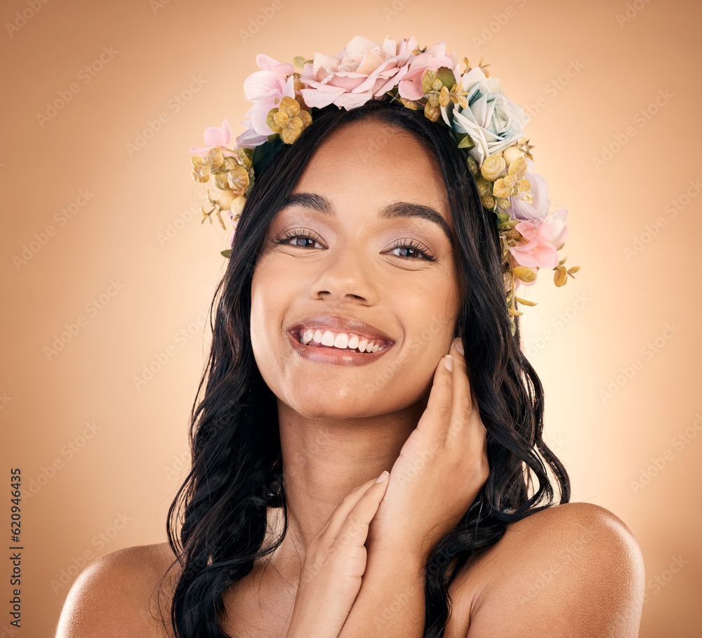 Portrait, beauty and flower crown with a model woman in studio on a brown background for shampoo tre