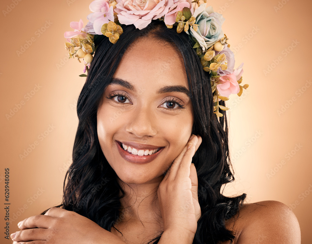 Portrait, skincare and flower crown with a model woman in studio on a brown background for shampoo t