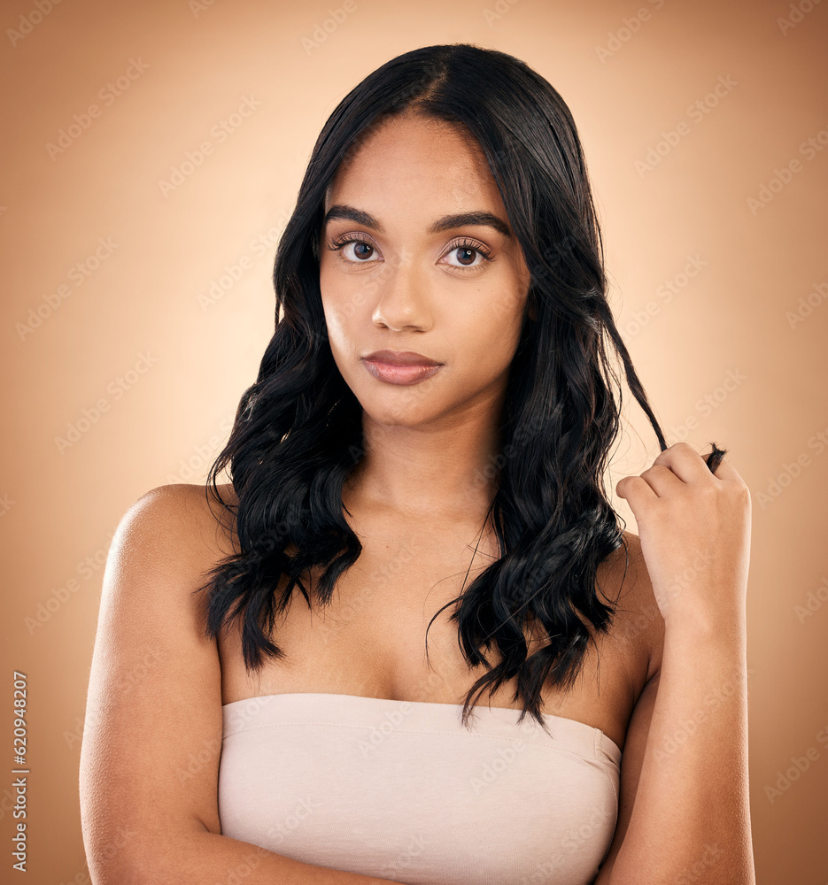 Portrait, serious woman and hair care, beauty and curly isolated in studio on a brown background. Fa