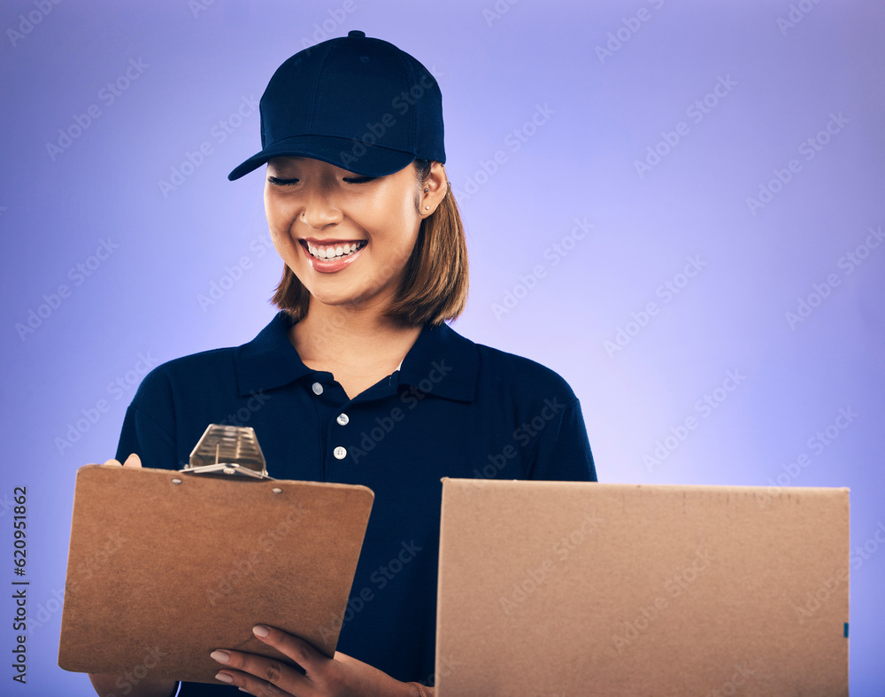 Woman sign paperwork, clipboard and delivery with box, shipping invoice and ecommerce on purple back