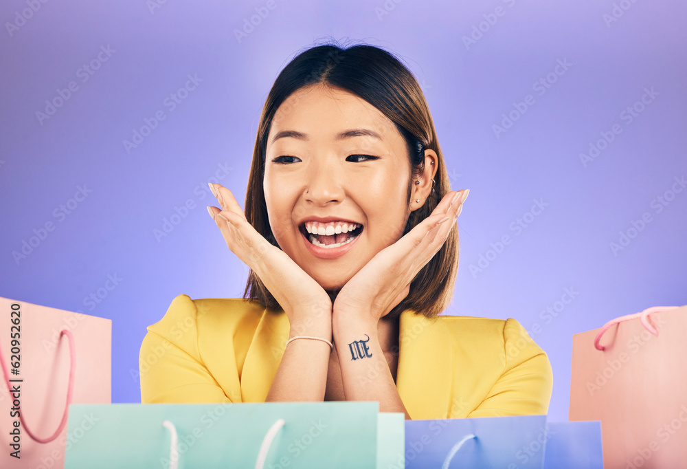 Happy, face and woman with shopping bag from a sale, promotion or customer with deal on retail cloth