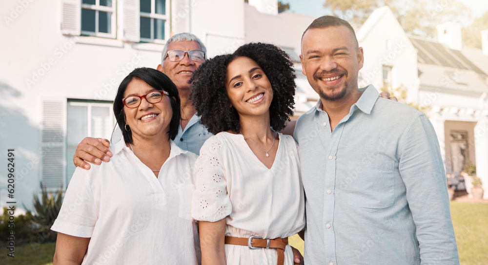 Portrait, love and a family in the garden of a home together during a visit in summer for bonding. S