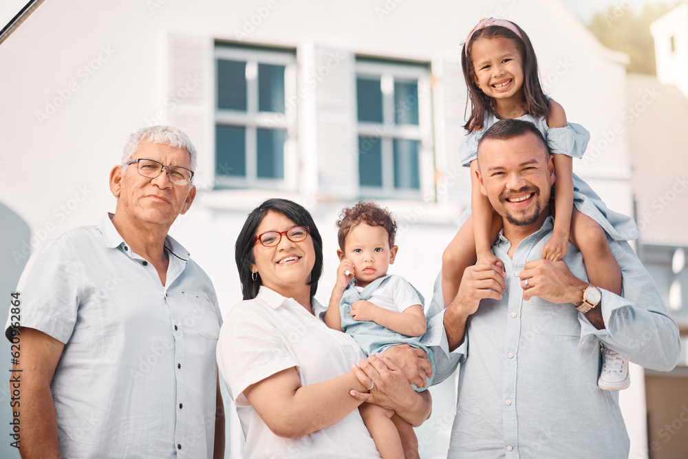 Happy, smile and portrait of big family at new house for love, support and generations. Happiness, r