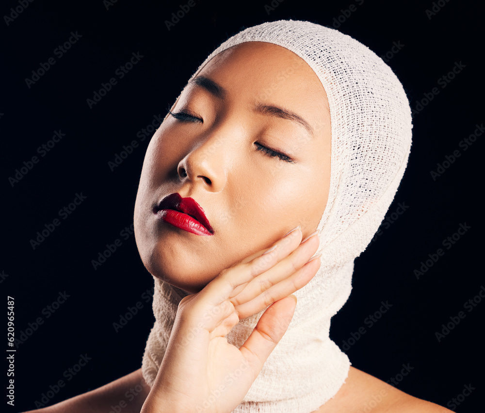 Asian woman, plastic surgery and bandage for skin, beauty and transformation with eyes closed by bla