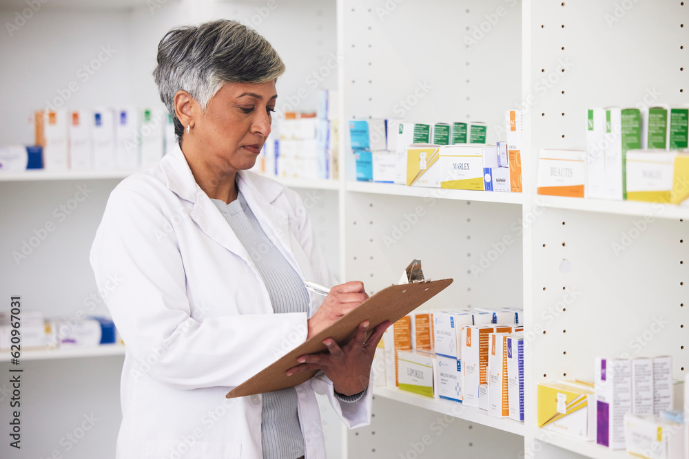 Pharmacist, medicine and a woman writing on a clipboard in a pharmacy for inventory or checklist. Ma