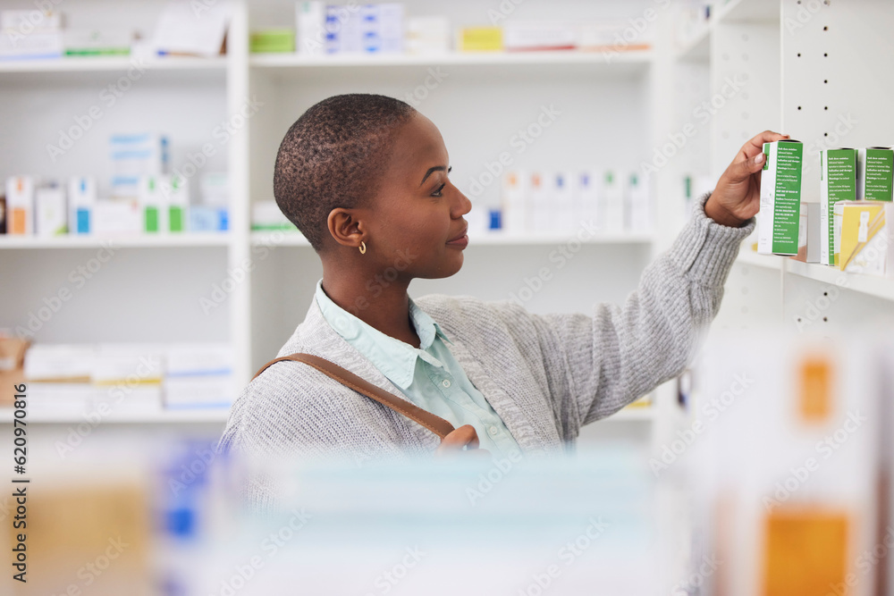 Medicine, shelf and shopping with black woman in pharmacy for medical, pills and information. Health