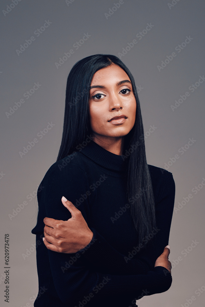 Indian, woman with beauty and portrait with arms crossed, confidence and mindset with focus, vision 