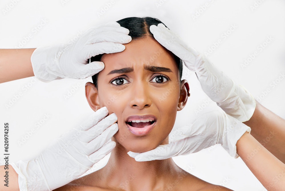 Plastic surgery, scared and face of woman with hands of prp doctors on white background in studio. B