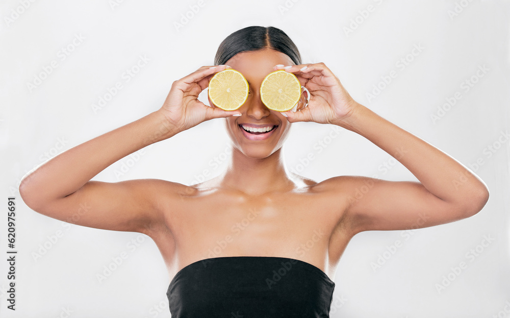 Indian woman, portrait with lemon for beauty, skincare and natural cosmetics for healthy glow, citru