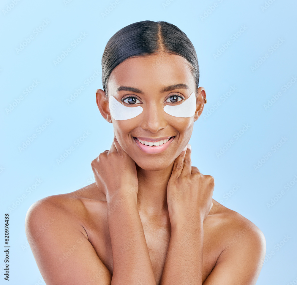 Eye patch, portrait and beauty of a woman with natural skin glow on a blue background. Dermatology, 