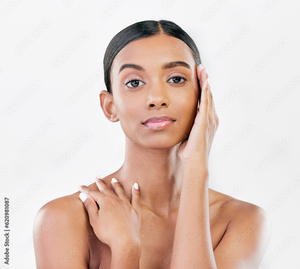 Beauty, natural and face portrait of a woman with a skincare glow isolated on a white background. De