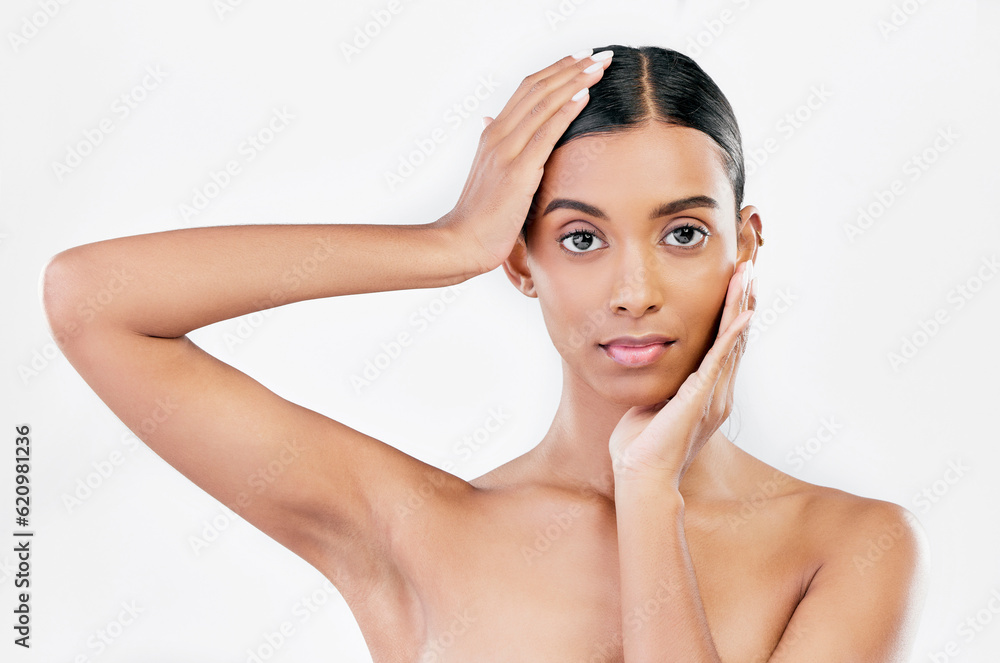 Hands on face, skin care and woman portrait for natural beauty isolated on a white background. Derma