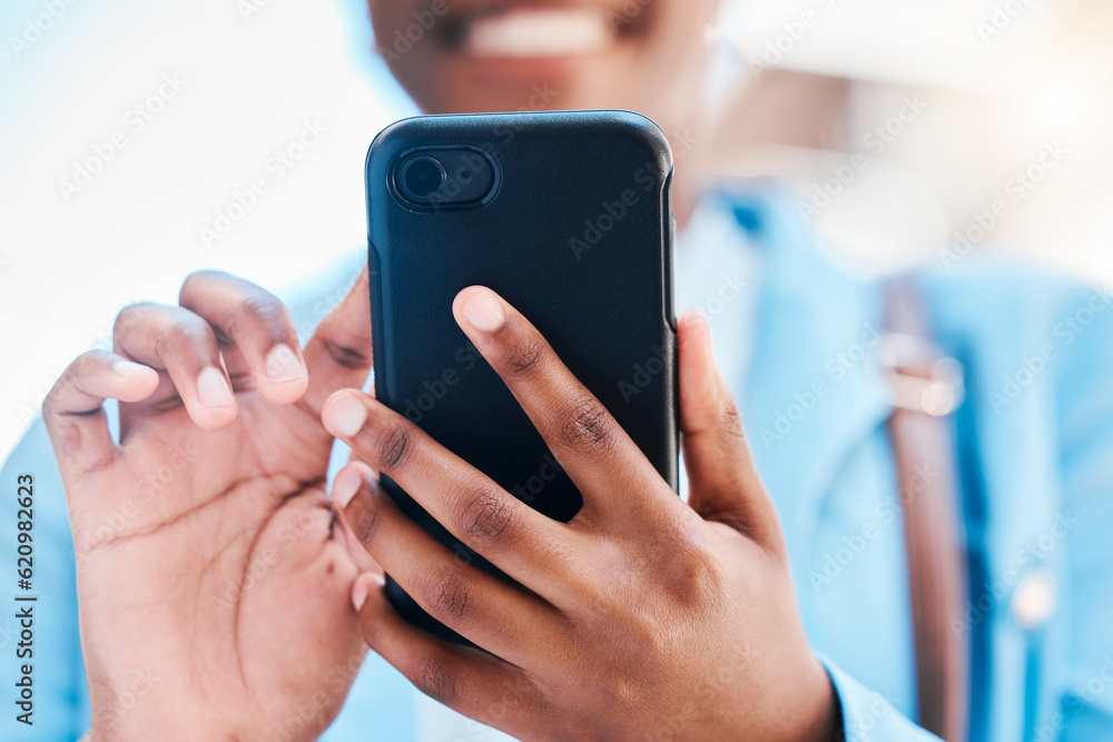 Closeup, hands and woman with a cellphone, typing and internet connection with social media, network